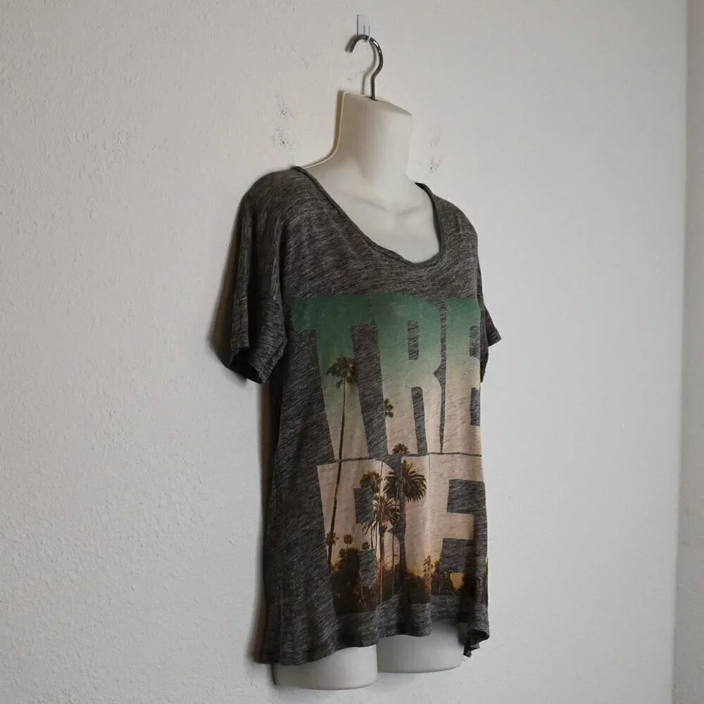 J Crew 100% Linen Graphic Tee Sz XS Tres Bien Relaxed Fit Slouchy Boho Beachy